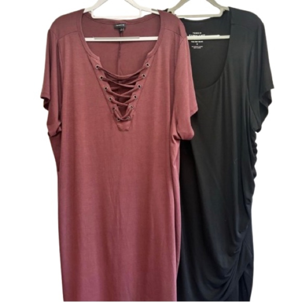Torrid Size 4 Dress Bundle Burgundy Lace-Up + Black Ruched Super Soft Knit NWOT